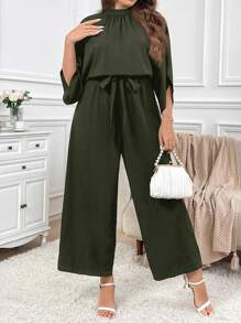 SHEIN Privé 大码女式纯色立领蝙蝠袖阔腿宽松优雅连体裤，适合通勤 - 軍綠色 - 查看 3