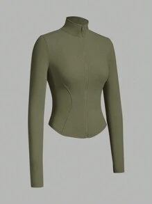 SHEIN EZwear Light Military Green Knit Women's Long Sleeve Zip-Up Jacket, Sun Protection In Fall/Winter