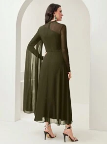 Modelyn Women's Round Neck Long Sleeve Mesh Contrast Ruffle Maxi Elegant Dress Long Evening Dresses - Army Green - View 2