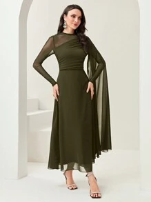 Modelyn Women's Round Neck Long Sleeve Mesh Contrast Ruffle Maxi Elegant Dress Long Evening Dresses - Army Green - View 3