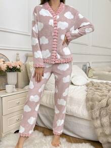 Cloud Pattern Plush Women Fluffy Pajama Set, Fall Winter Clothes, Cozy - Multicolor - View 3