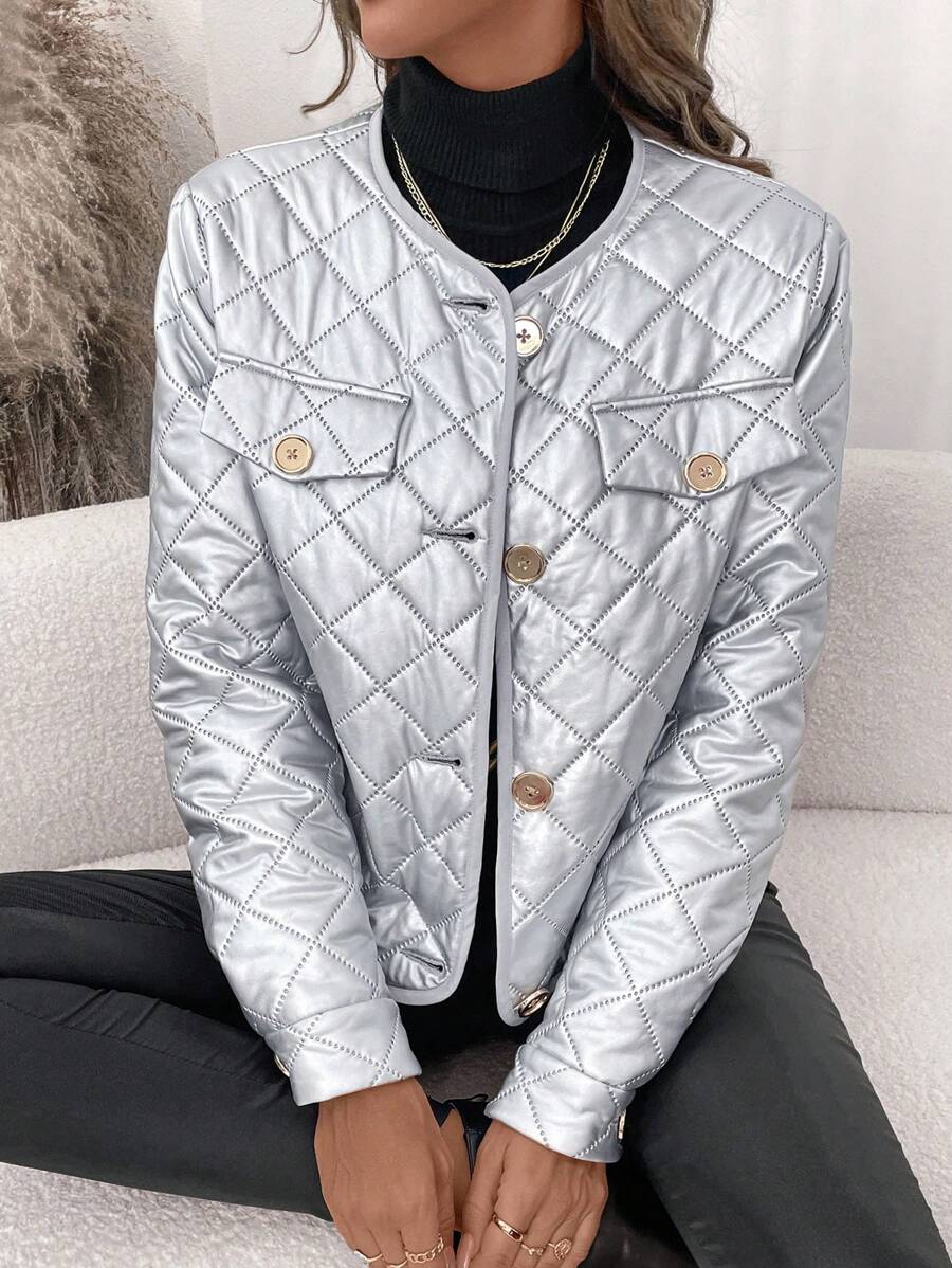 SHEIN Clasi Áo khoác chần bông tay dài thanh lịch mùa đông cho nữ ấm áp và thoải mái với chi tiết vạt lấp lánh màu bạc - Bạc - Xem 1