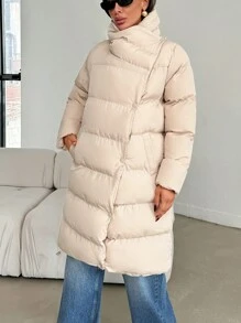 SHEIN Cottnline Fashionable Asymmetrical Snap Button Puffer Winter Coat - Beige - View 1