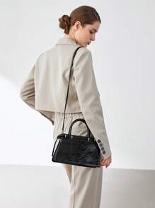 MOTF PREMIUM PU LEATHER BUCKLE DETAIL ZIPPER TOP HANDLE BAG - Black - View 6