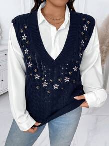 Calvaya Plus Size Women's Summer Floral Embroidery V-Neck Casual Sweater Vest - Navy Blue - View 3