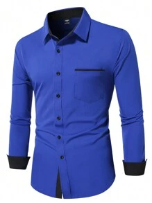 Manfinity Mode Men's Casual Business Style Patchwork Pocket Long Sleeve Shirt, Spring/Autumn