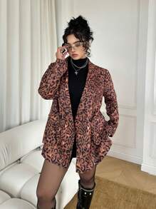 Calvaya Plus Size New Retro Oversized Chic Leopard Print Blazer For Women, Spring Autumn