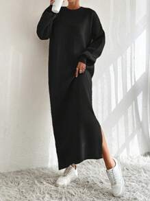 EURMUSE Solid Split Side Drop Shoulder Long Sweater Dress For Autumn & Winter - Black - View 5