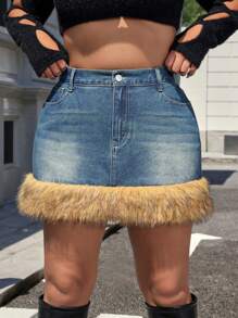 SHEIN EZwear 大码蓬松装饰口袋休闲保暖百搭牛仔 A 字裙 - 藍色 - 查看 7