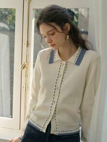 Simple Retro Áo len cardigan cổ tim cài nút màu dành cho nữ - Màu be - Xem 7