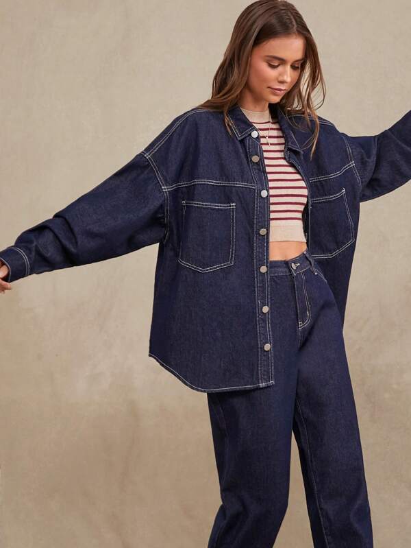 WESTFADE Winter Clothes For Women Premium Denim 90% Cotton Boyfriend Button Up Long Sleeve Shacket