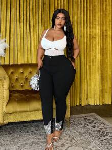 Slaydiva Casual Fashion Plus Size Women Rhinestone Decorated Tight Leggings - Dark Grey - View 9