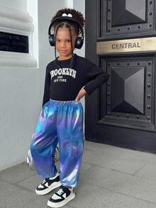 SHEIN 年轻女孩编织纯色袋鼠口袋宽松九分裤 - 紫色 - 查看 4