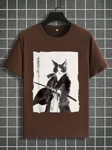 Manfinity Homme 1 Áo thun nam cổ tròn tay ngắn in hình mèo thường ngày, mùa hè - Cà phê nâu - Xem 1