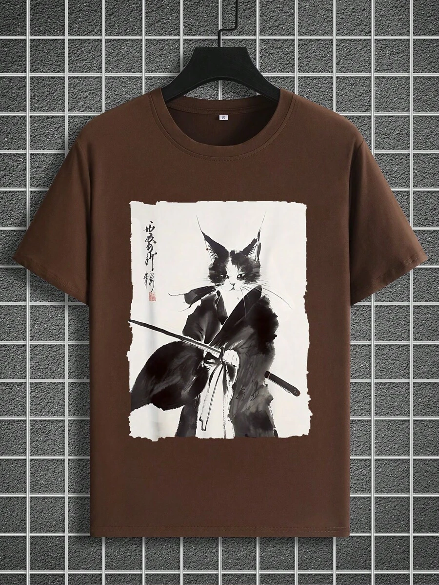 Manfinity Homme 1 Áo thun nam cổ tròn tay ngắn in hình mèo thường ngày, mùa hè - Cà phê nâu - Xem 1