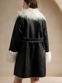 Anewsta Plus Size Fluffy Trim Waist Length Regular Women Jacket - Black - View 2