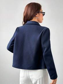 SHEIN PETITE 1件女款秋冬純色彼得潘領長袖雙排扣短版夾克，適合嬌小女性 - 藏蓝色 - 查看 2
