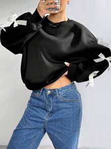 SHEIN EZwear Áo nỉ cổ tròn dài tay giản dị rộng rãi thắt nơ, áo dài tay - màu đen - Xem 1