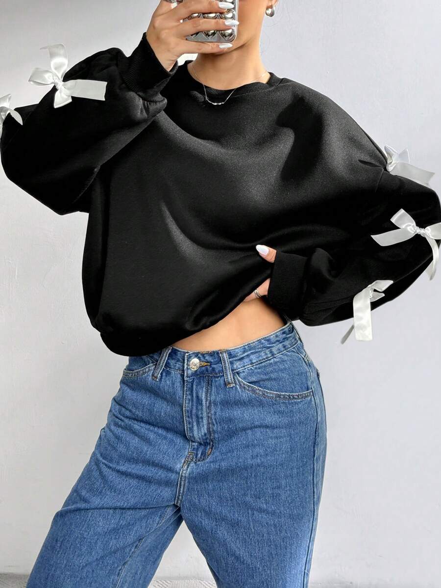 SHEIN EZwear Áo nỉ cổ tròn dài tay giản dị rộng rãi thắt nơ, áo dài tay - màu đen - Xem 1