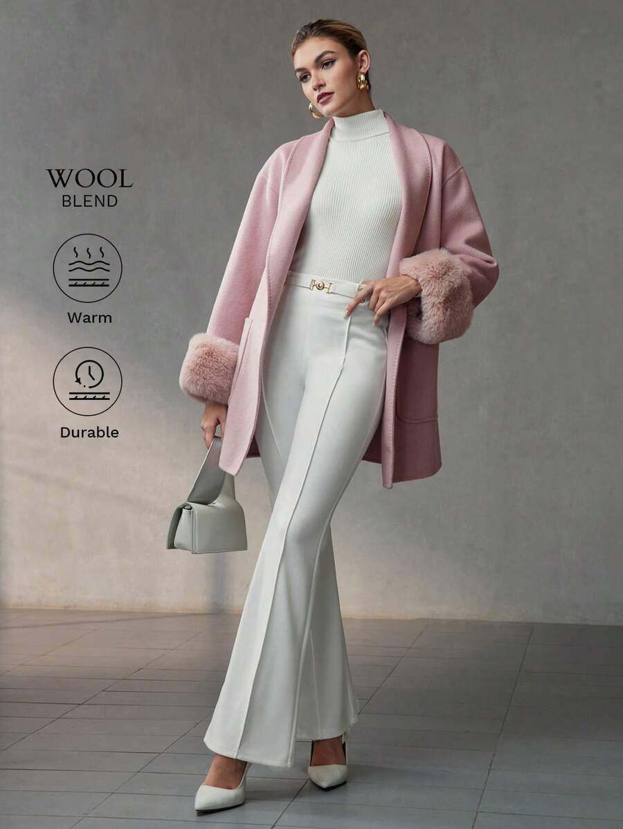 MOTF PREMIUM WOOL SHAWL COLLAR FLUFFY CUFF PATCH POCKET BELTED OVERCOAT - Baby Pink - View 2