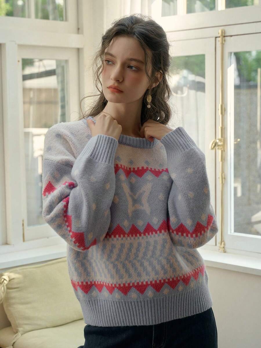 Simple Retro Áo len chui đầu in họa tiết cổ tròn màu sắc cho nữ - Màu xanh lam - Xem 1