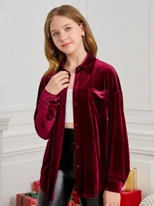 SHEIN Koszula z długim rękawem dla nastoletnich dziewcząt w kolorze czerwonego wina/zimy/codziennie/aksamitne klapy