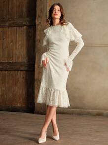 Anewsta Elegantes Damen Kleid mit Rüschen-Organza-Spitze, Flatterärmeln und Meerjungfrau-Stil, geeignet für Silvester, Weihnachten