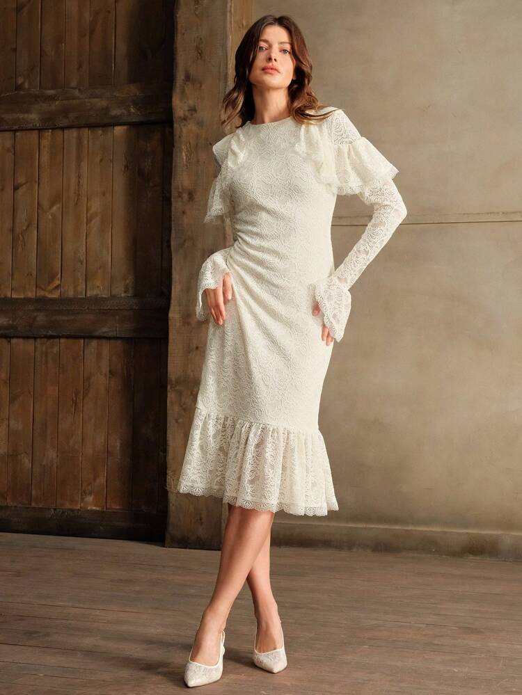 Women's Elegant Flare Sleeve Ruffle Organza Lace Mermaid Style Long Dress, Suitable For New Year's Eve, Christmas