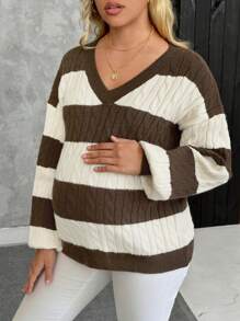 SHEIN V-Neck Long Sleeve Striped Knit Sweater For Pregnant Women, Casual For Daily Wear, For Maternity, For Winter - Multicolor - View 1