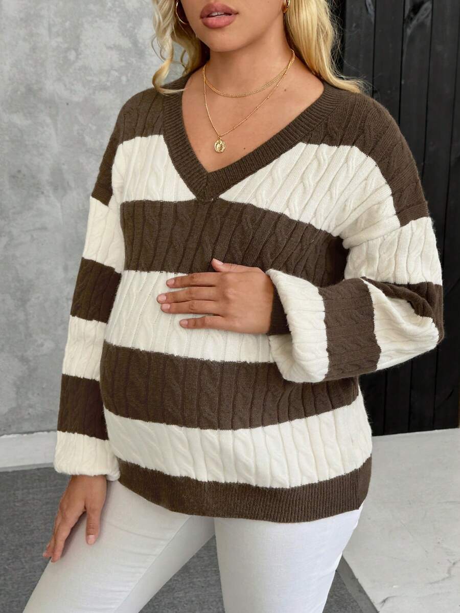 SHEIN V-Neck Long Sleeve Striped Knit Sweater For Pregnant Women, Casual For Daily Wear, For Maternity, For Winter - Multicolor - View 1