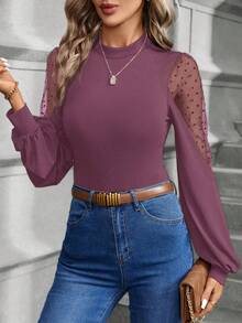 SHEIN Clasi 1 件女士纯色立领网眼拼接优雅长袖紧身衣 - 藕粉色 - 查看 3