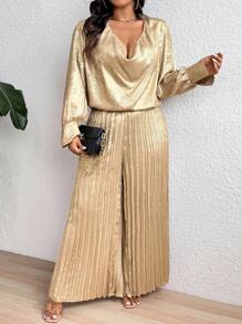 Celure 2pcs Plus Size Metallic Loose Blouse Top & Wide Leg Pleated Pants Set For New Year Holiday Party Clothes