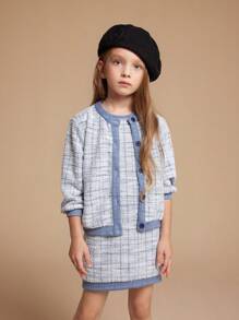 PrepCrw Young Girls Autumn Elegant Plaid Jacket And Dress Set - Blue - View 6