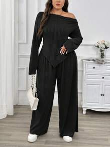 SHEIN Privé Plus Size 2pcs Set: Comfortable Casual Daily Slimming Warm Shoulder Exposed Long Sleeve Grey T-Shirt And Elastic Waist Grey Pants For Women, Suitable For Spring And Autumn