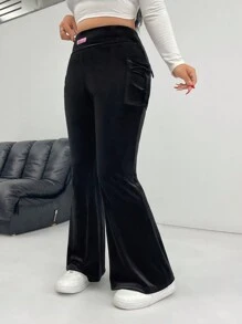 SHEIN EZwear Pantalones acampanados largos de unicolor simple con cinta, informales para uso diario de talla grande - Negro - Ver 3