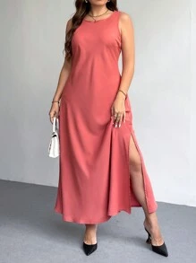 SHEIN Clasi 大码纯色圆领无袖开衩下摆休闲连衣裙 - 橘色 - 查看 5