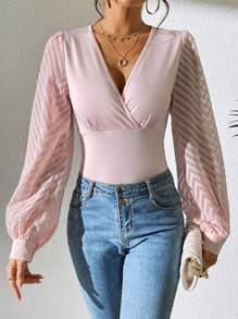 SHEIN LUNE 女士休闲优雅撞色网眼 V 领修身衬衫，秋季 - 粉色 - 查看 3