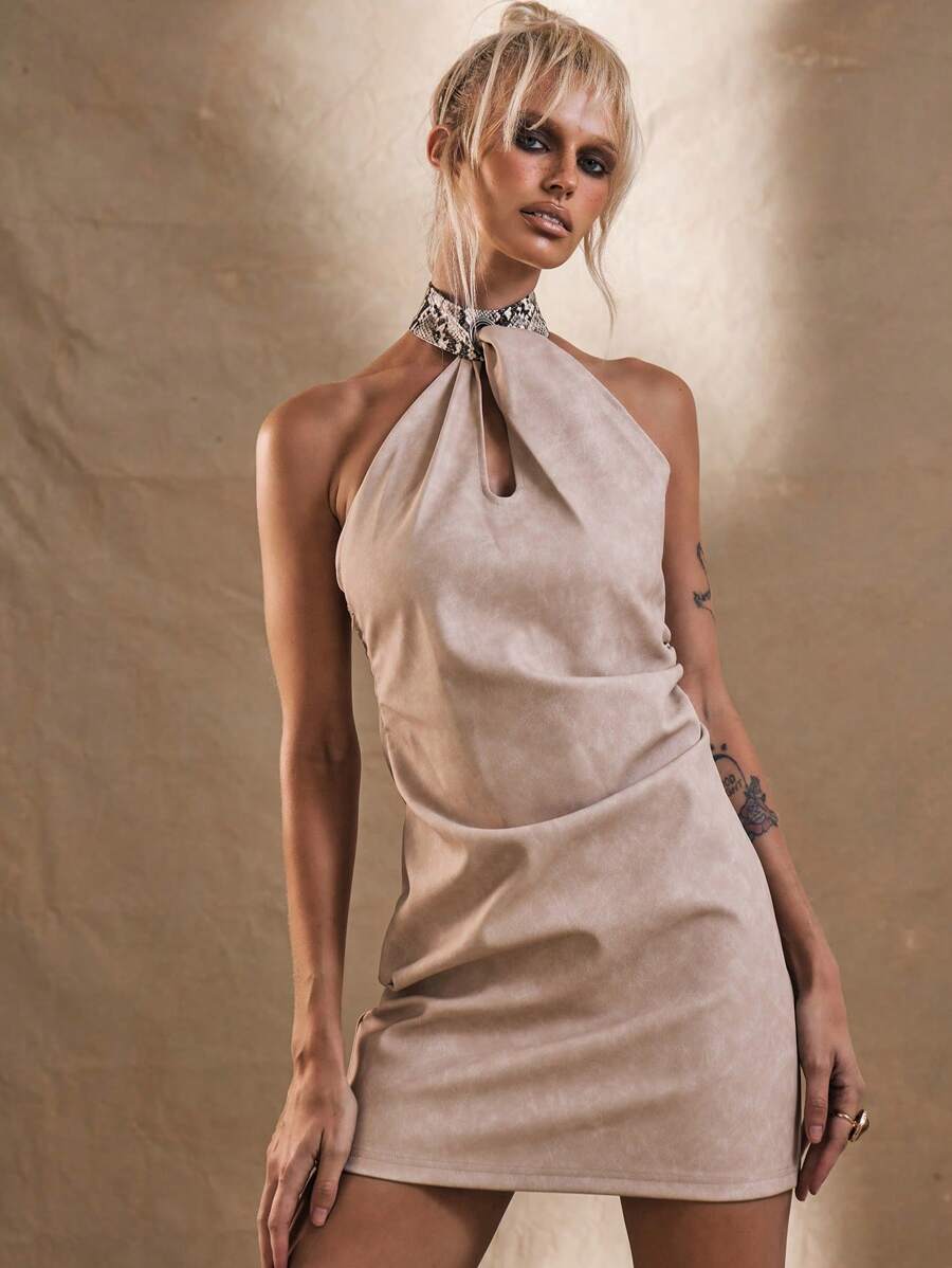 MUSERA 西部风PU裹身露背迷你连衣裙，春季性感派对外出春夏度假装 - 奶油色 - 查看 1