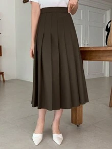 DAZY Women Casual Solid Color Pleated Mid-Length Skirt, For Everyday Wear In Autumn - Chocolate Brown - View 3