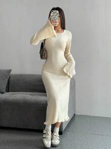 SHEIN Unity Casual Everyday Elegant Flared Sleeve Cinched Waist Sweater Dress, Autumn/Winter - Apricot - View 6