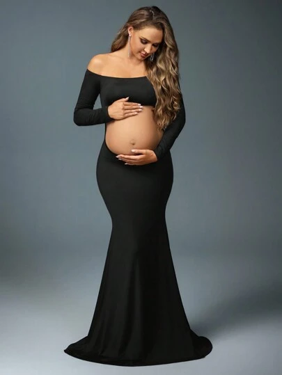 MaterniChic 1 Set Maternity Photoshoot Off Shoulder Long Sleeve Top And Elastic Waist Mermaid Skirt, Suitable For Photography, Portrait, Black