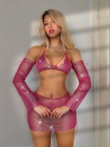 EgrlEra Conjunto sexy de 2 piezas de top corto de red con escote halter y falda mini transparente con mangas largas, para fiestas y festivales - Rosa Fucsia - Ver 3