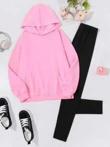 2pcs/Set Teenage Girls Casual Loose Pink Hoodie Sweatshirt With Letter Print + Black Leggings, Autumn