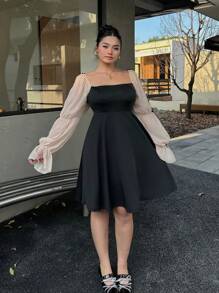 Flirla Vestido de manga larga de malla de lujo ligero con contraste para mujer de talla grande, vestido negro elegante de estilo francés de primavera y otoño con cintura ceñida para fiesta de noche