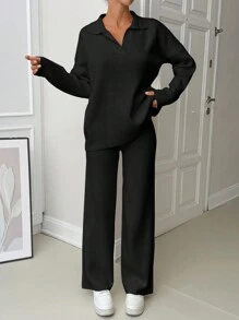 EURMUSE Woman Loose Fit Comfy Warm Thick Polo Neck Sweater And Pants Co-Ords Two Piece Set - Black - View 5