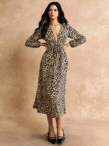 Poéselle Váy dài tay thanh lịch họa tiết da báo buộc phía trước cho nữ, mùa xuân và mùa thu - Nhiều màu - Xem 2