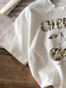 SHEIN EZwear 大码樱桃图案圆领短袖 T 恤，休闲宽松套头衫，大码，夏季 - 白色 - 查看 8