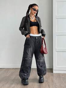 StreetHx 女士时尚扎染长袖飞行夹克，秋季 - 灰色 - 查看 2