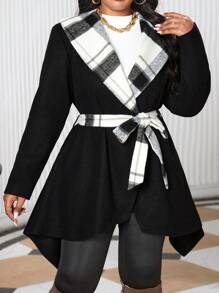 SHEIN Lady 秋冬休闲优雅黑色编织瀑布喇叭腰带中长袖休闲优雅职业装 - 黑色 - 查看 4