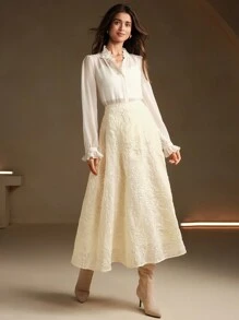 Anewsta Jacquard Sequin Embellished A-Line Skirt In White - Apricot - View 3